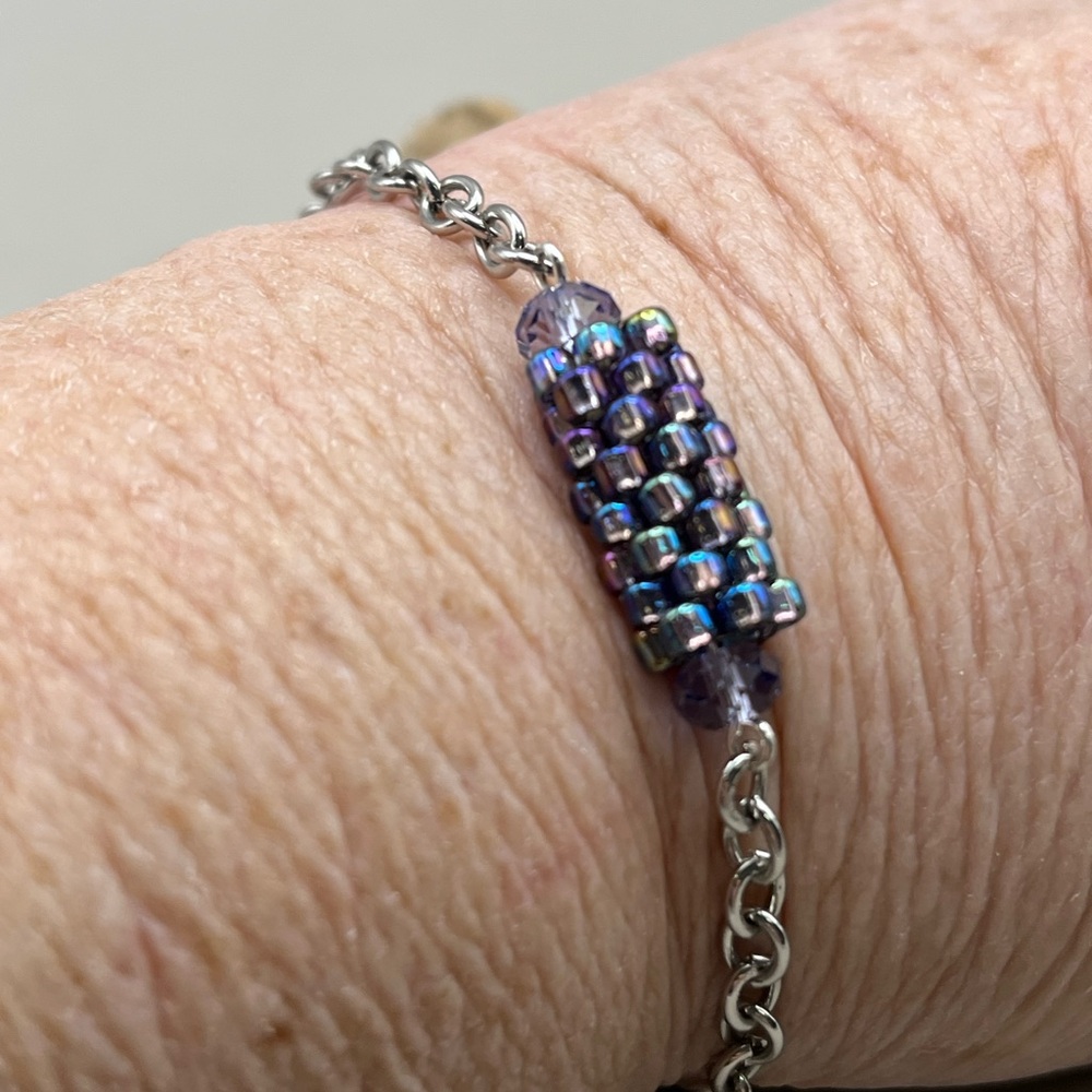 Elegant Handmade Silver Tone Chain Bracelet With Iridescent Blue/Purple Tube - Picture 5 of 5